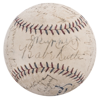 1928 World Series Champion New York Yankees Team Signed OAL Barnard Baseball With 27 Signatures Including Ruth & Gehrig (JSA)